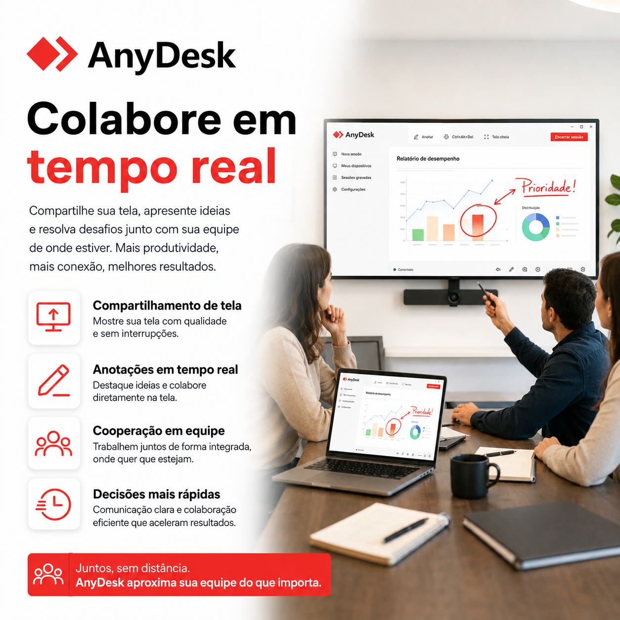 Imagem em português relacionada a AnyDesk em computadores, celulares e tablets